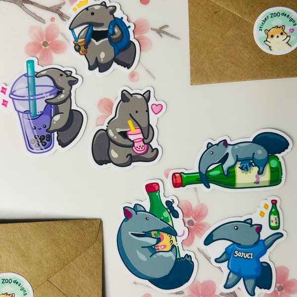 Vinyl Sticker Anteaters Adorable with Soju and Boba | Waterproof Stickers for Perfect Scrapbooking, Stationery, and Personal Decorating
