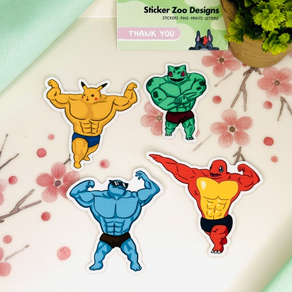 Buff P0kemon Vinyl Stickers | 2D Drawings Based on the Buff Starters Figurines, Bulbasaur, Charmander, Squirtle, and Pikachu | Gym Accessory