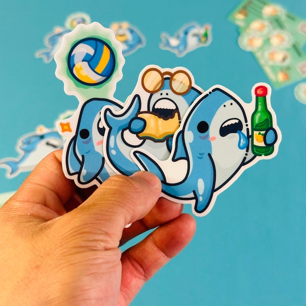 CUTE SHARK Vinyl Stickers | Based on CSU Long Beach Elbee Shark Volleyball Soju | Gym Accessory, Waterproof for Water Bottles, Laptops