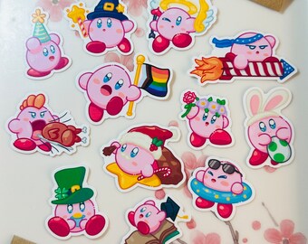 KIRBY KAWAII Holidays Cute Sticker Pack | Pink Puffball Memes, Mini Waterproof Vinyl Stickers for Decoration and Stationery