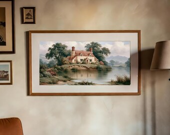 Vintage English Cottage by the Lake Oil Painting Wall Art Print