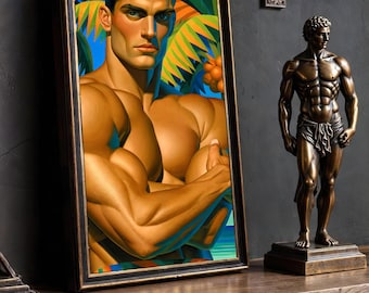 Tropical Art Deco Muscular Man Palm Tree Digital Print Wall Art