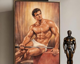 Muscular Warrior Figure Art Print, Classic Beefcake Illustration, Vintage Romance Style