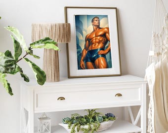 Art Deco Bodybuilder Print, Golden Athletic Man, Vintage Muscle Poster