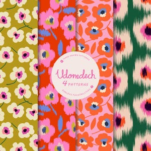 May include: Four vertical panels featuring floral patterns in mustard yellow, bright orange, light pink, and dark green. A central circular label displays the text Udomdech 4 patterns hand-drawn patterns endless possibilities in a script font.