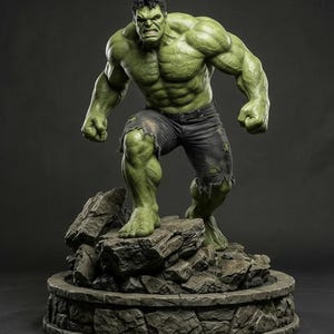 May include: A green Hulk statue in a dynamic pose, standing on a rocky base. The figure is muscular, wearing torn denim shorts. The statue has a detailed, textured appearance, with a fierce expression.