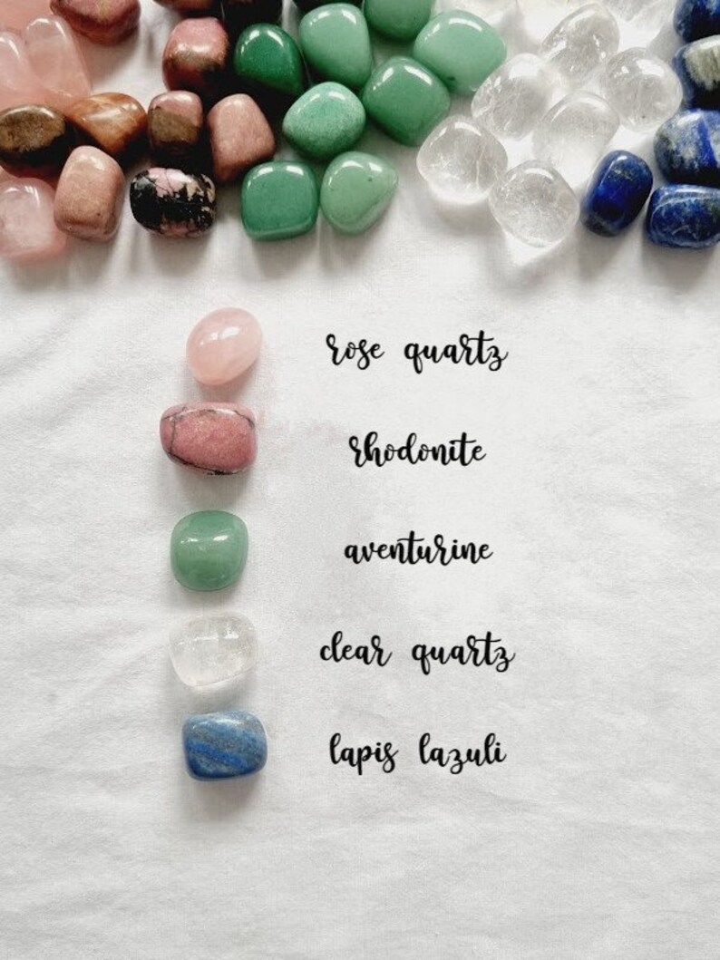 Op de afbeelding: Een verzameling getrommelde stenen, waaronder rozenkwarts, rhodonite, aventurijn, helder kwarts en lapis lazuli. Elke steen is gelabeld met zijn naam.