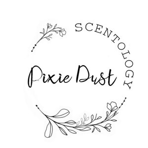 May include: Black and white logo with floral accents. The text reads "SCENTOLOGY Pixie Dust".