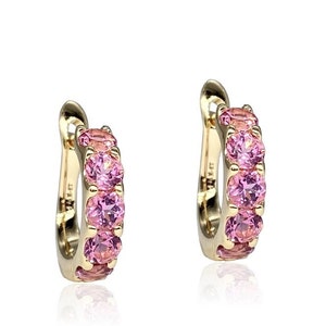 14k SOLID GOLD Pink Sapphire Earrings, Pink Hoop Earrings September Birthstone, Sapphire Jewelry, Gift For Her Pink Sapphire Hoop Earring
