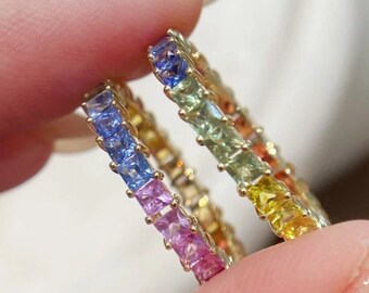 Rainbow sapphire 3 mm square eternity band ring in 14k 18k gold natural multi sapphire rainbow gradient ombre rainbow ring gold gift for her