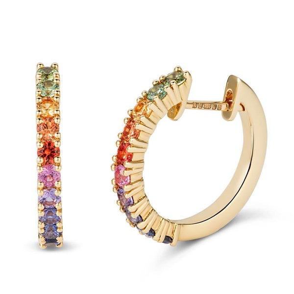Rainbow sapphire hoops earrings in 14k 18k gold, Natural multi sapphire rainbow ombre hoops, Rainbow hoops earrings gold, sapphire earrings