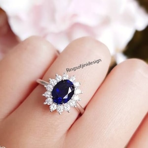 Art Deco Sapphire Ring- Sterling Silver Ring- Vintage Genuine Sapphire Engagement Promise Ring-Princess Diana Ring- September Birthstone