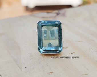 Emerald Cut Aquamarine Ring, Sterling Silver Band Ring, Handmade