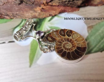 Natural Ammonite Fossil Pendant, 925 Sterling Silver, Handmade Gemstone Necklace