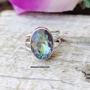 Mystic Topaz Ring for Women, 925 Sterling Silver Ring, Designer Ring, Oval Mystic Topaz Ring, Textured Ring, Birthday Gifts, Gifts for her,