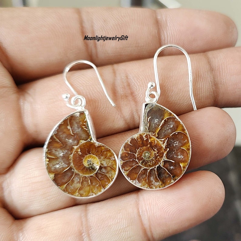 May include: A pair of silver earrings featuring fossilized ammonite shells. The earrings have a hook closure and are approximately 1.5 inches long.