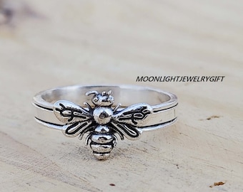 Handmade Sterling Silver Bee Spinner Ring, Worry Fidget Ring
