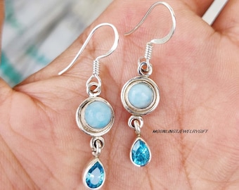 Handmade Larimar Drop Earrings, 925 Sterling Silver, Blue Topaz