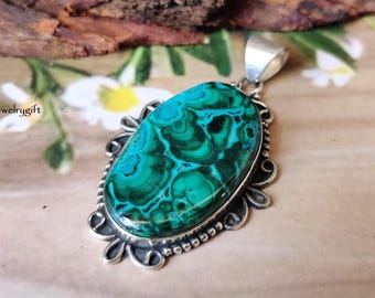 Boho Green Malachite Pendant, Sterling Silver Gemstone Necklace