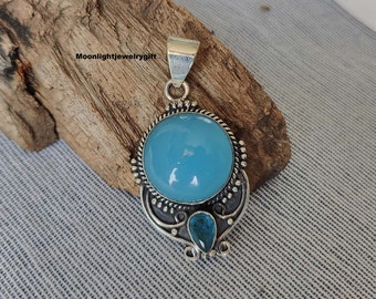 Aqua Chalcedony Pendant, 925 Sterling silver Pendant, Women Pendant, Meditation Pendant, Gemstone Pendant, Handmade Pendant, Gift For Her,