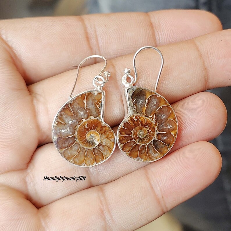 May include: A pair of silver earrings featuring fossilized ammonite shells. The earrings have a dangling design with a silver hook.