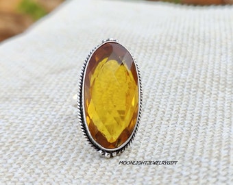 Handmade Citrine Ring, 925 Sterling Silver, Boho Statement Ring