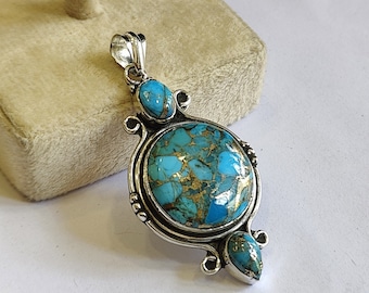 Blue Copper Turquoise Pendant: Handmade 925 Sterling Silver Boho Necklace