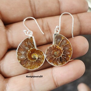 May include: A pair of silver earrings featuring fossilized ammonite shells. The earrings have a drop design with a silver hook.