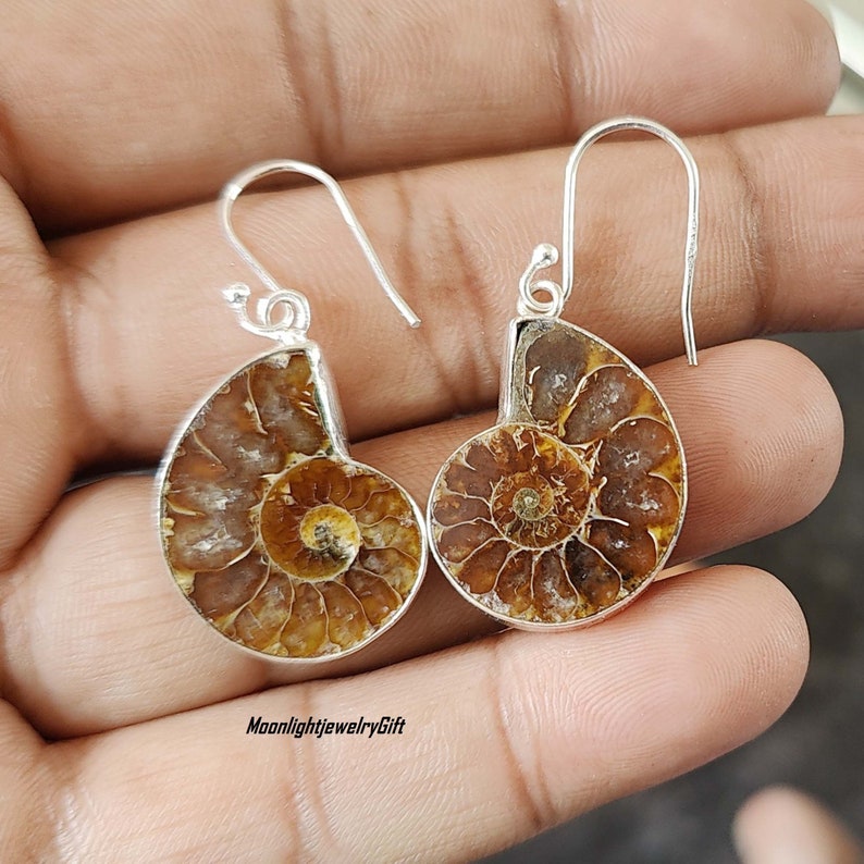May include: A pair of silver earrings featuring fossilized ammonite shells. The earrings have a drop design with a silver hook.