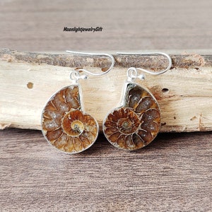 May include: A pair of silver earrings featuring fossilized ammonite shells. The earrings are a light brown color with a spiral pattern.