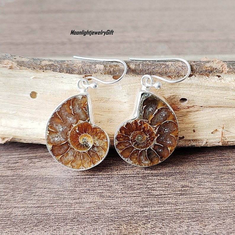 May include: A pair of silver earrings featuring fossilized ammonite shells. The earrings are a light brown color with a spiral pattern.