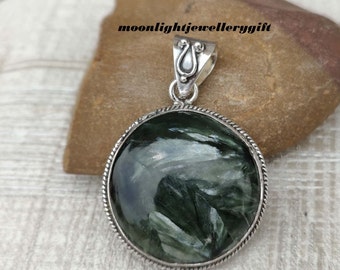 Handgemaakte serafiniet-edelsteenhanger, 925 sterlingzilver, boho-sieraden