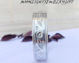 Bracciale rigido floreale in argento sterling fatto a mano, gioiello boho di tendenza