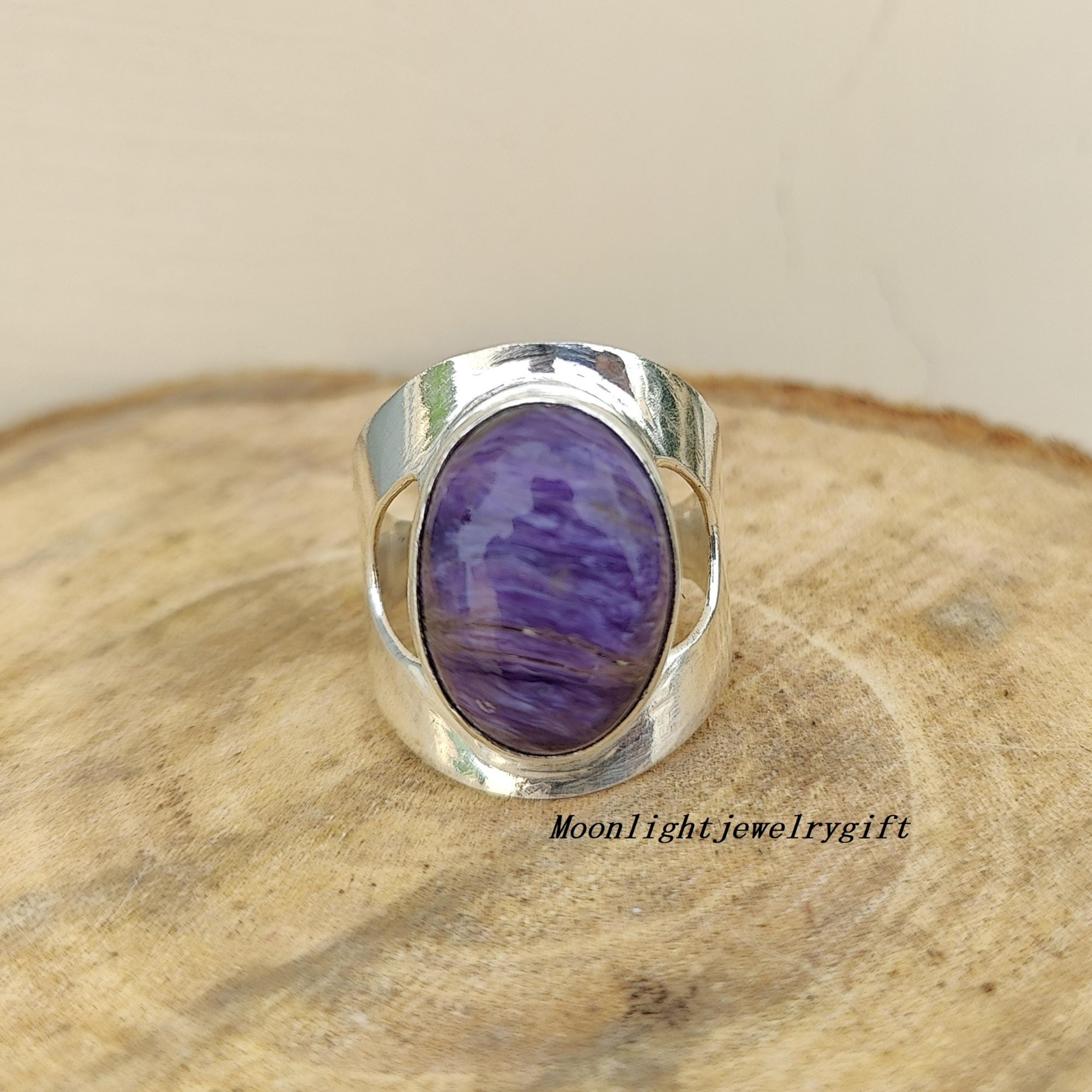 thumbnail interactive-video image 1 of Handmade 925 Sterling Silver Charoite Gemstone Ring – Oval Blue Stone, Bezel Set, All Sizes 1 of 5