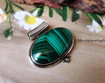 Colgante de malaquita, plata de ley 925, regalo para esposa, artículo de boda, promesa, hecho a mano, colgante de regalo.