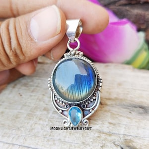Labradorite Pendant, 925 Sterling Silver, Blue Topaz Pendant, Original Gemstone, Handmade Silver Pendant, Labradorite Pendant,Silver Pendant