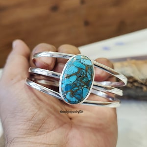 Blue Copper Turquoise Bangle, 925 Sterling Silver Bangle, Handmade Bangle, Turquoise Jewelry, Natural Gemstone Bangle, Adjustable Bangle