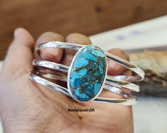 ブルーコッパーターコイズ、925シルバーバングル、ハンドメイド
