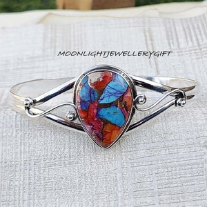Pink Oyster Turquoise Bangle, 925 Sterling Silver, Handmade Bangle, Adjustable Bangle, Silver Women Bangle, Turquoise Jewelry, Gift For Her,