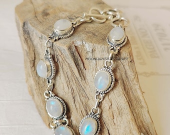 Regenbogen Mondstein Sterling Silber Armband, handgemachter Edelstein Schmuck