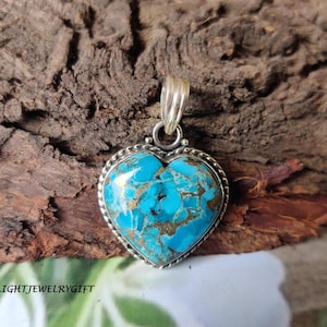 Blue Copper Turquoise Pendant, Heart Shape Pendant, 925 Sterling Silver Pendant, Handmade Pendant, Natural Gemstone Necklace Gift For Her///