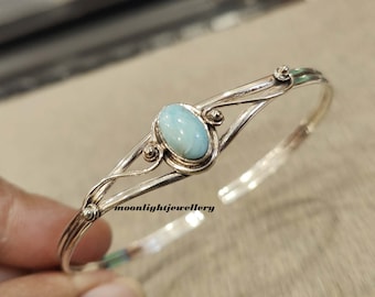 Handmade Larimar Bangle, Oval Gemstone, Sterling Silver Jewelry
