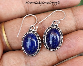 Pendientes de lapislázuli azul, regalos para mujer, pendientes de plata de ley 925, pendientes bohemios, pendientes hechos a mano, joyas llamativas, regalo para ella ///