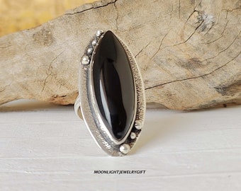 Black Onyx Sterling Silver Ring, Handmade Gemstone Statement Ring