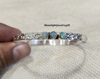 Handmade Opal Sterling Silver Bangle, Gemstone Statement Bangle