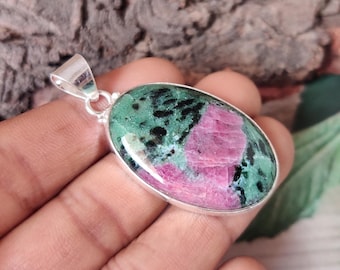 Ruby Zoisite Pendant, Oval Gemstone, 925 Sterling Silver, Handmade