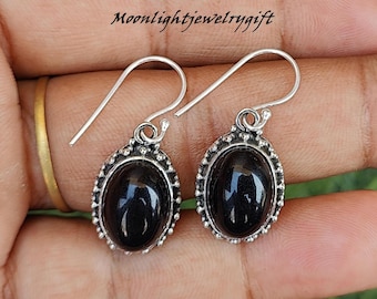 Handmade Oval Black Onyx Earrings, Sterling Silver Boho Jewelry