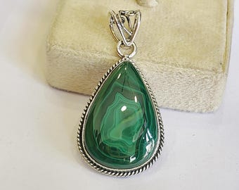 Handmade Pear-Shaped Malachite Pendant: 925 Sterling Silver Gemstone Necklace