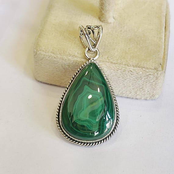 Pendentif Collier En Malachite Naturelle Forme Feuille - Monture Argent Sterling - Neuf Avec étiquette