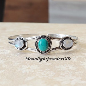 Brazalete de turquesa azul y piedra lunar, brazalete de plata de ley 925, brazalete bohemio, brazalete hecho a mano, piedra lunar con piedras preciosas, brazalete ajustable, regalos,